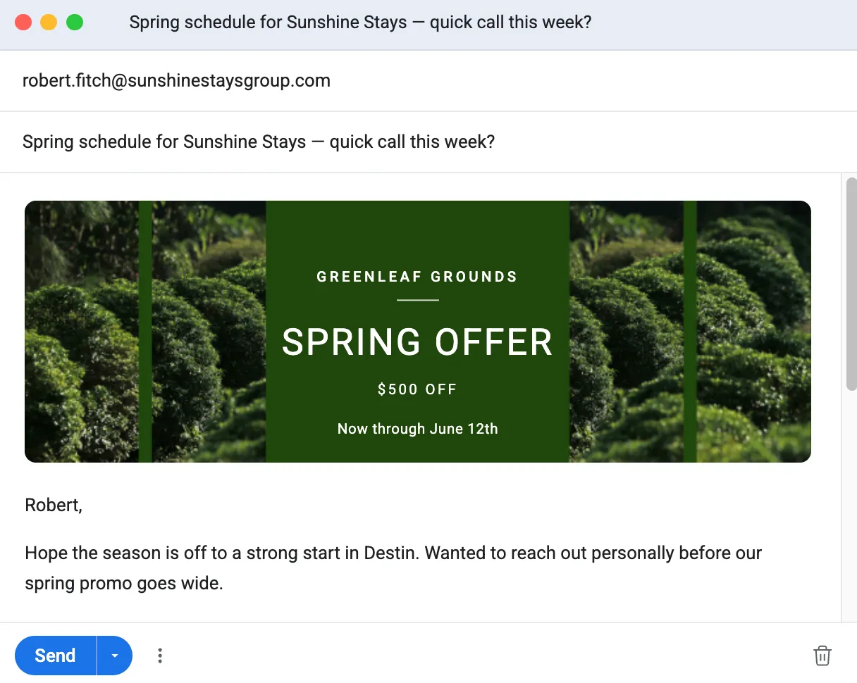 Campagna marketing, email Spring Offer generata e pronta all'invio